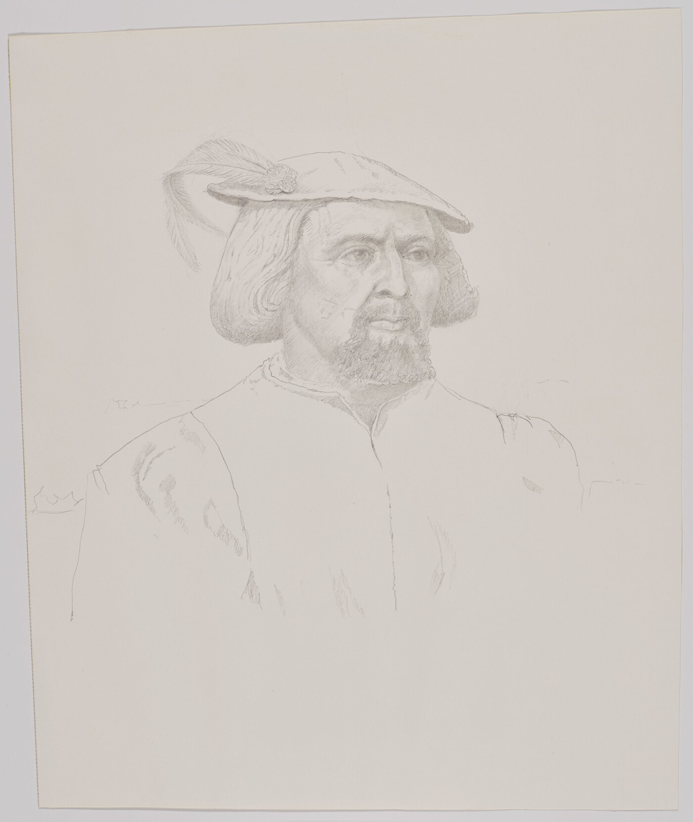 A pencil drawing of a White man with a goatee wearing a cap with a feathered plume and a jacket with a high collar and puffy sleeves.