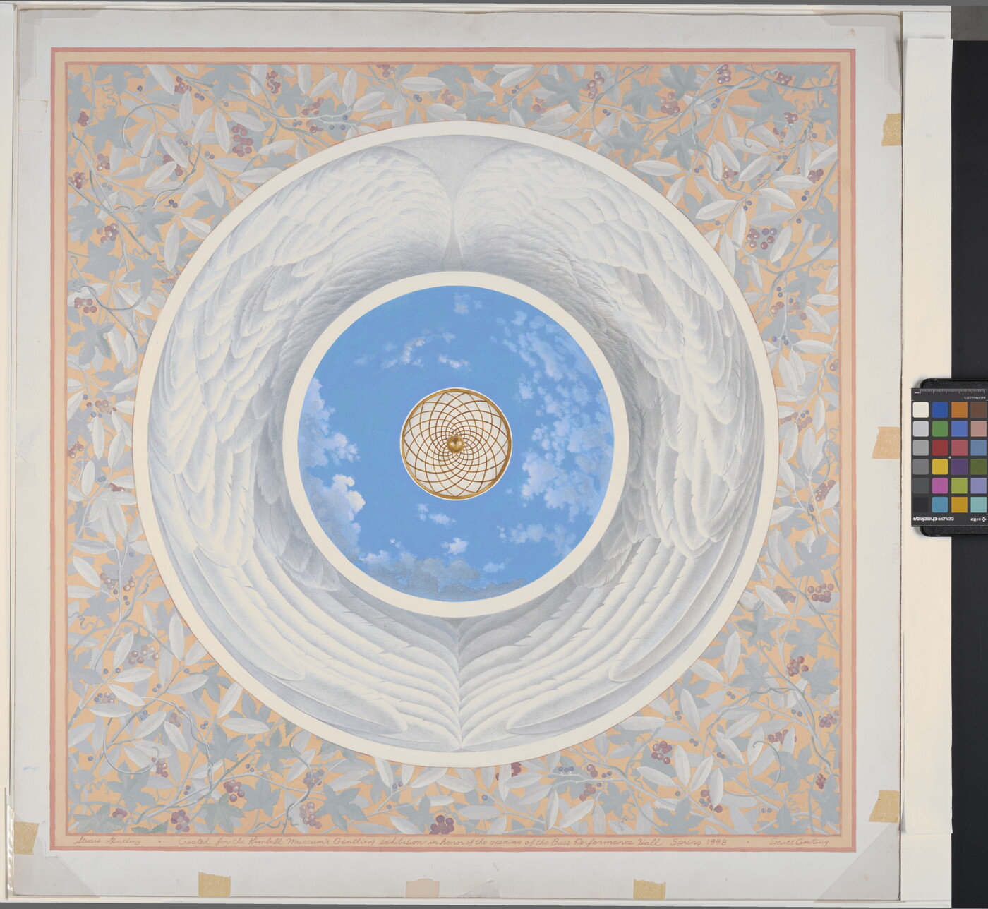 A watercolor of three concentric circles, the innermost a geometric design surrounded by sky, surrounded by white feathered wings, and then a floral pattern.