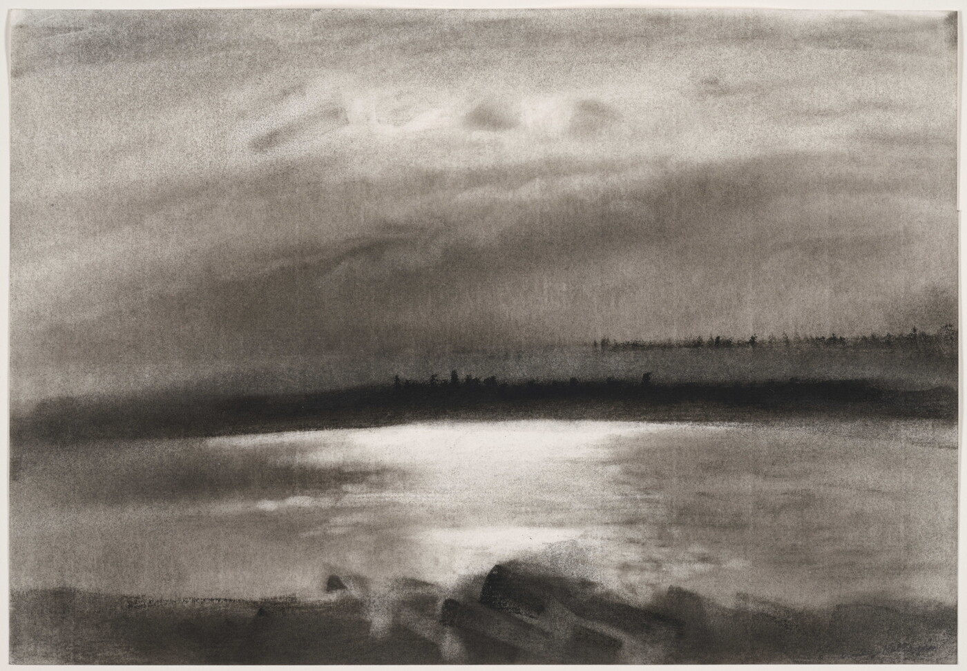 A charcoal drawing of a calm lake and trees dotting the horizon in the distance.