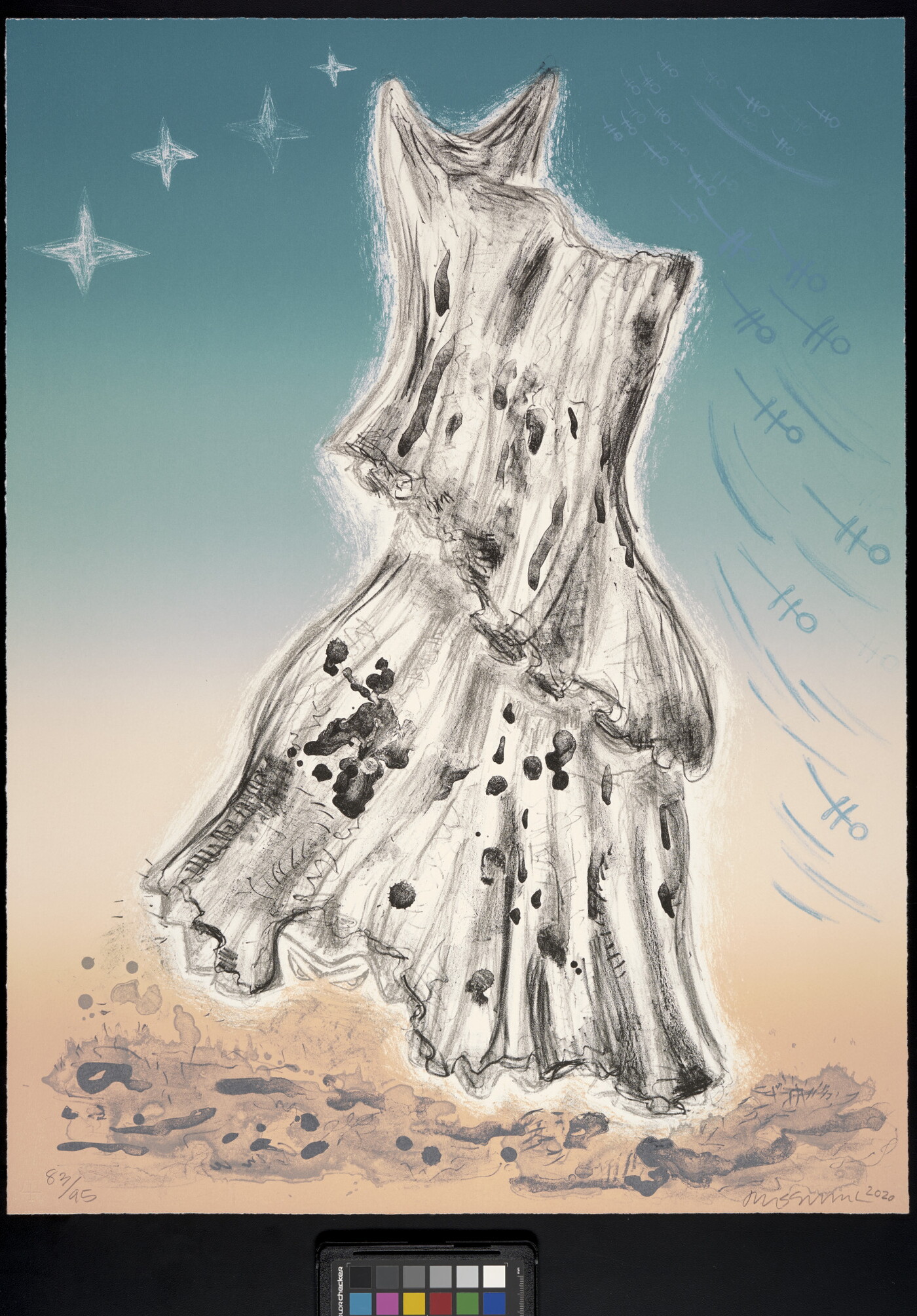A print of a dog-shaped figure draped in a spotted sheet on a background of stars and abstracted forms.