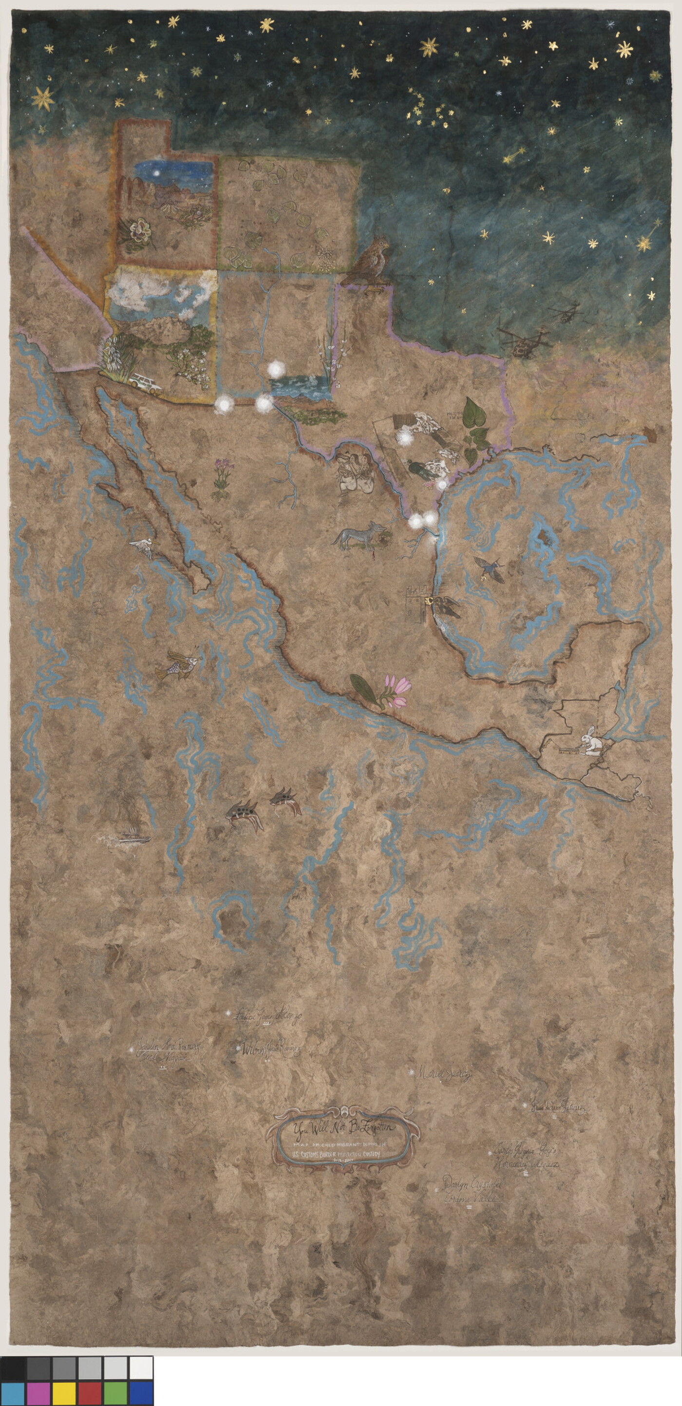 A large, paper map depicting U.S. border states and Mexico, and illustrations of various flora and fauna.