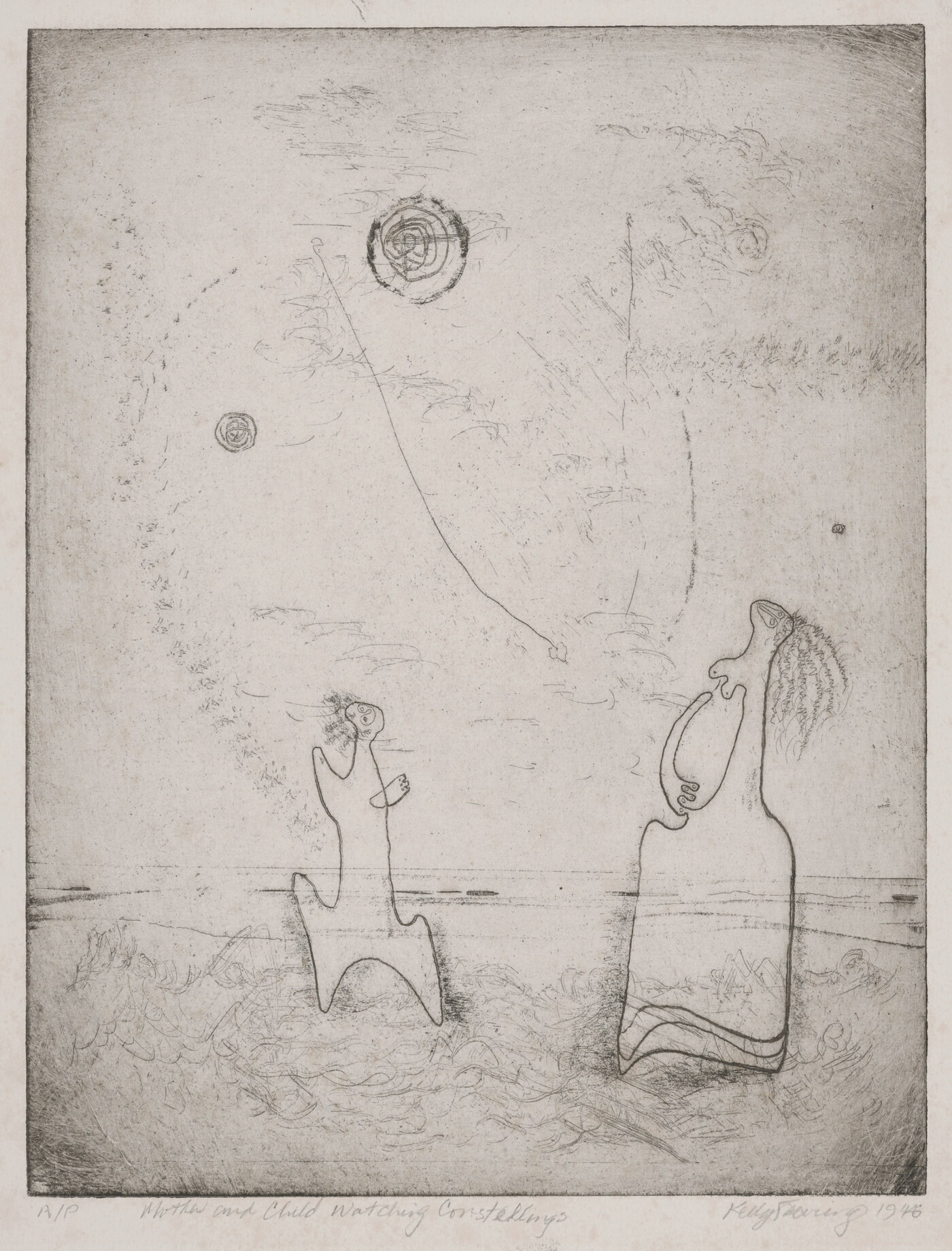 An abstract black-and-white print of two figures looking toward circular objects in the sky.