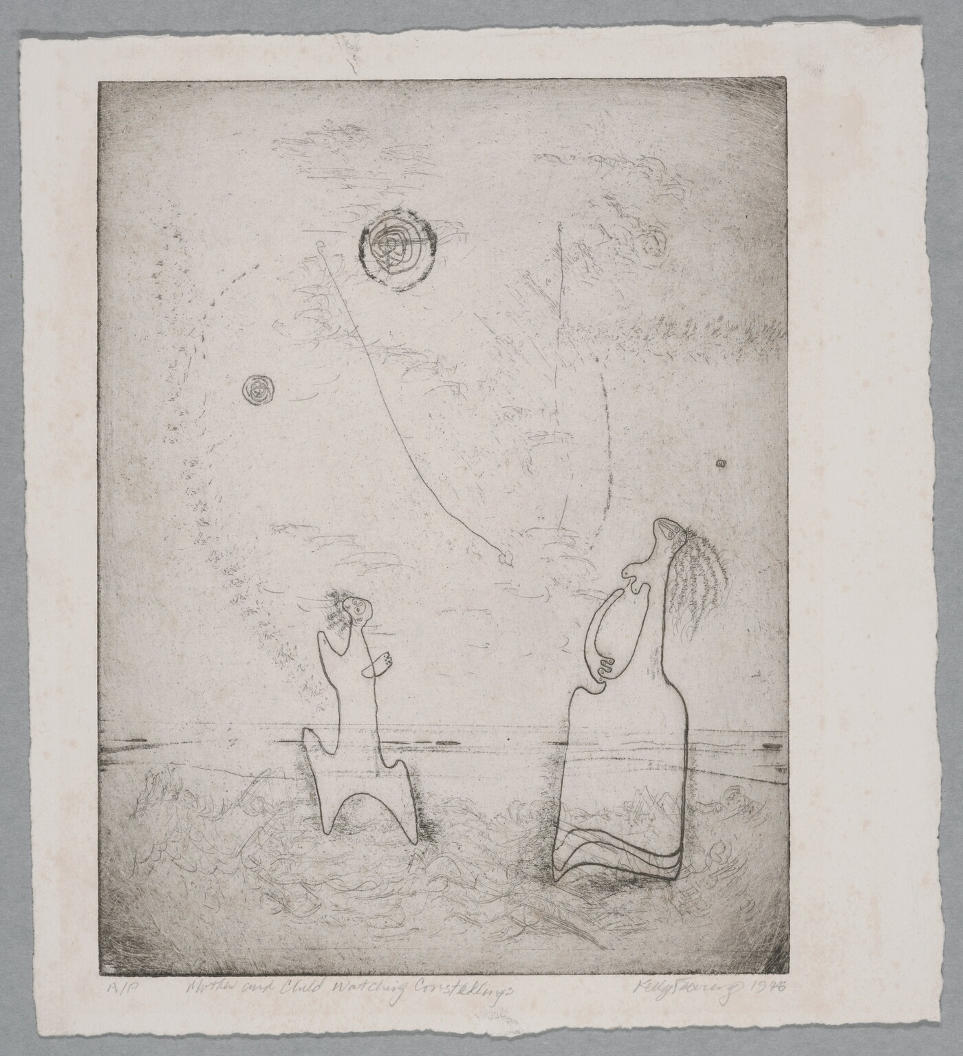 An abstract black-and-white print of two figures looking toward circular objects in the sky.