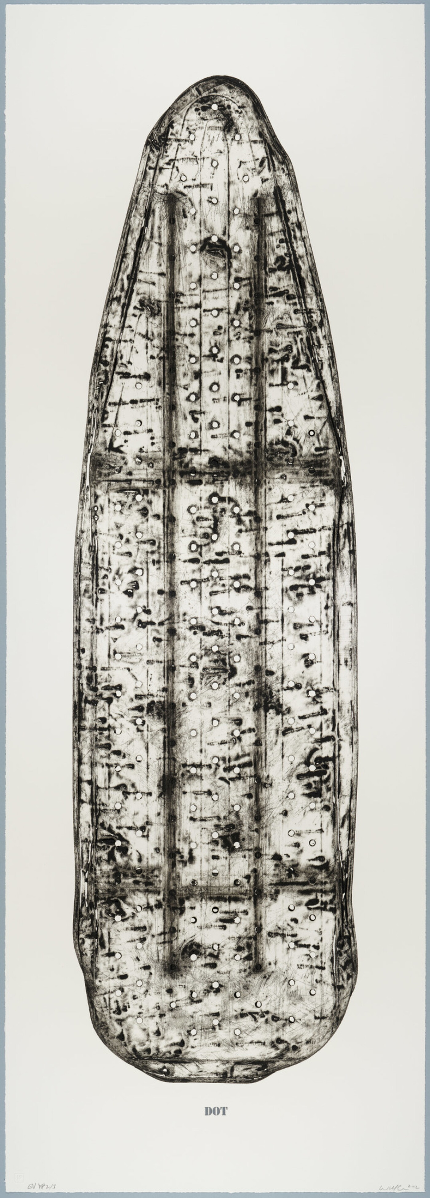 A black-and-white print of an ironing board filled with holes and dents, showing the shadows of its supporting structure, and with the word &quot;DOT&quot; below the image.