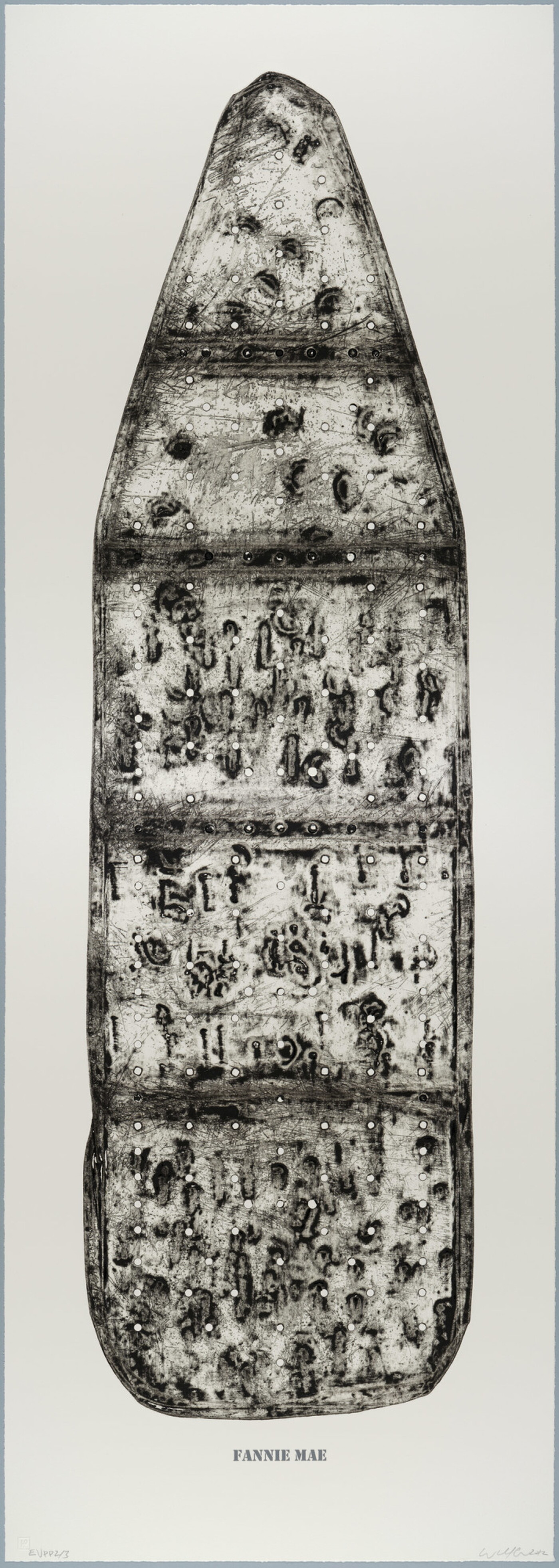 A black-and-white print of an ironing board filled with holes and dents, showing the shadows of its supporting structure, and with the word &quot;FANNIE MAE&quot; below the image.
