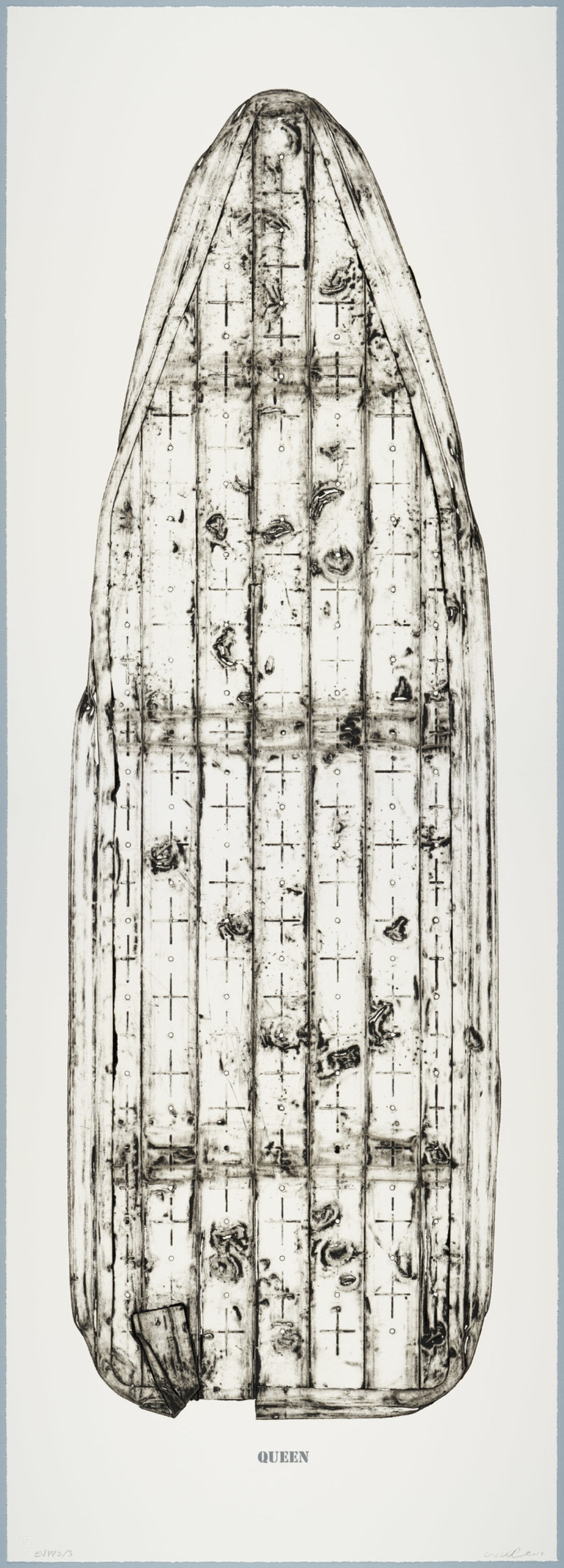 A black-and-white print of an ironing board filled with holes and dents, showing the shadows of its supporting structure, and with the word &quot;QUEEN&quot; below the image.