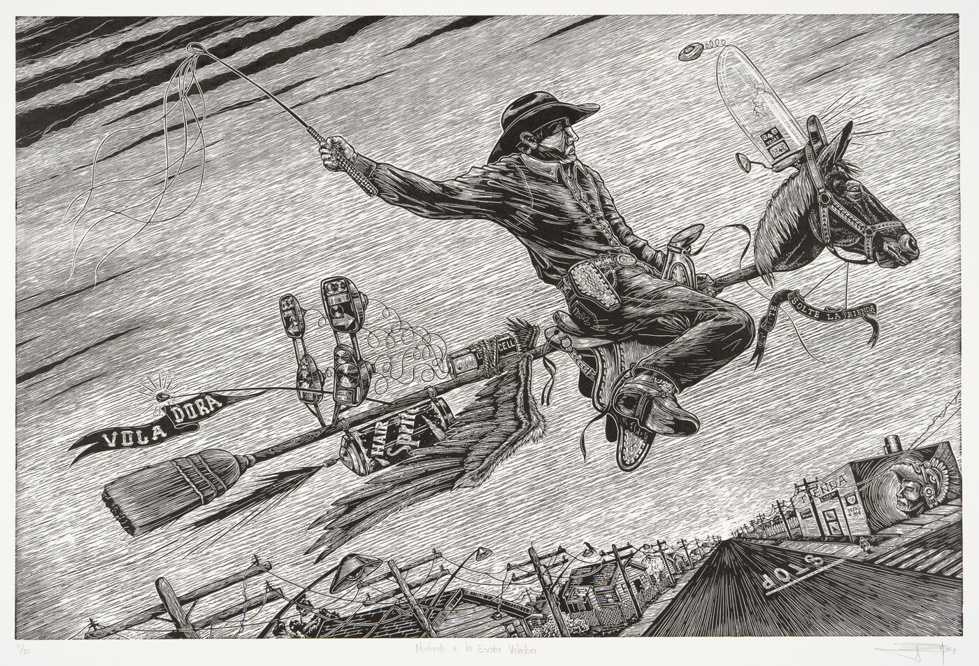 A black-and-white print of a cowboy riding a broomstick with a horse&#039;s head flying above a street lined with buildings and powerlines.