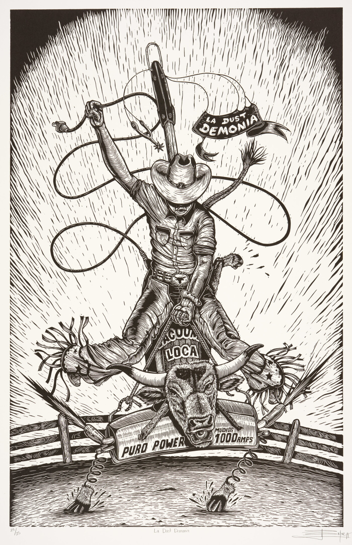 A black-and-white print of a front view of a cowboy riding a vacuum with a bull&#039;s head, one arm raised holding a lasso, in a corral.