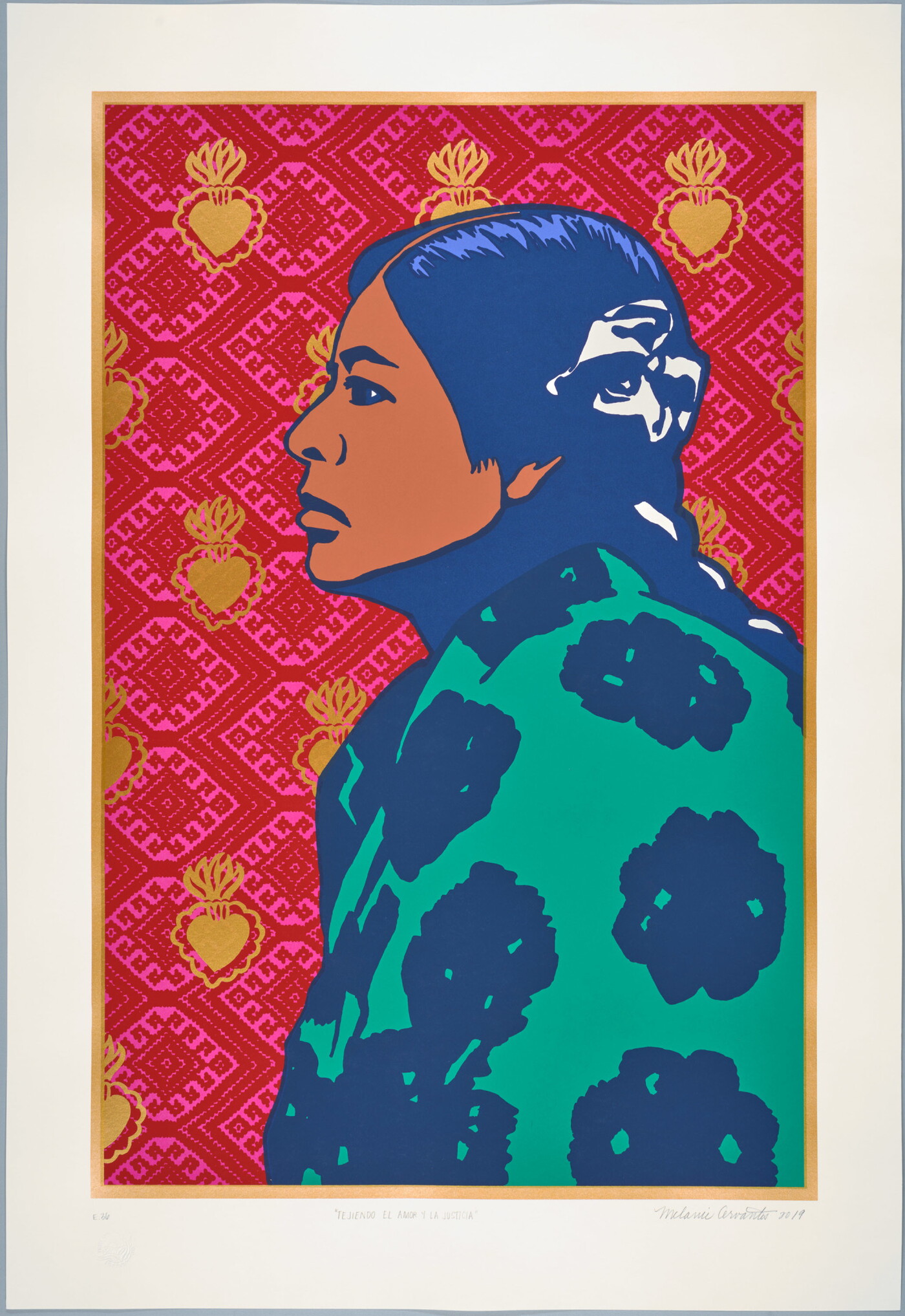 A color print in blue, green, red, and pink of an Indigenous woman in profile with patterned clothing.