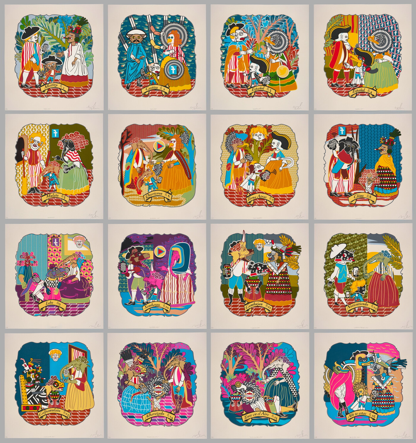 A grid of 16 color prints featuring a variety of figures with animal features dressed in Spanish colonial attire and Indigenous clothing.