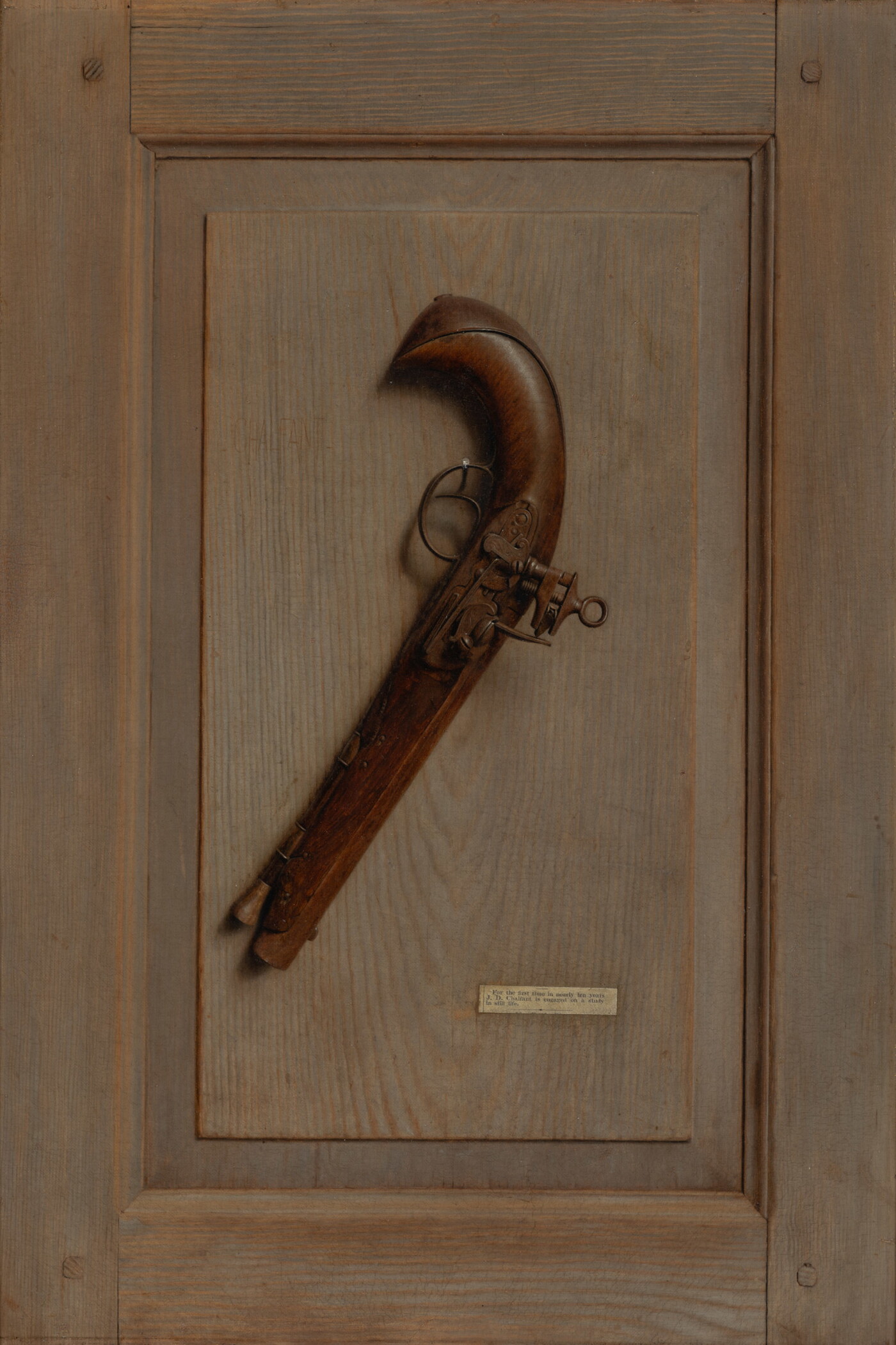 A realistic oil painting of a flintlock pistol hanging on a nail on a wooden panel