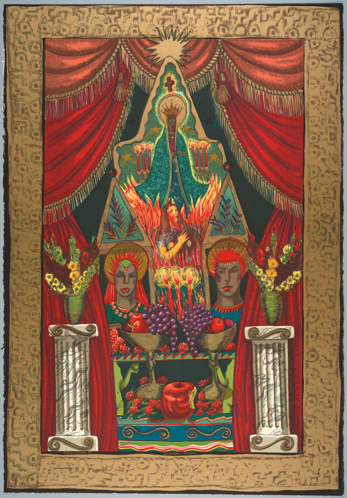 A color print of an illustration of an altar showing the virgin Mary with fruit offerings surrounded by a red curtain.