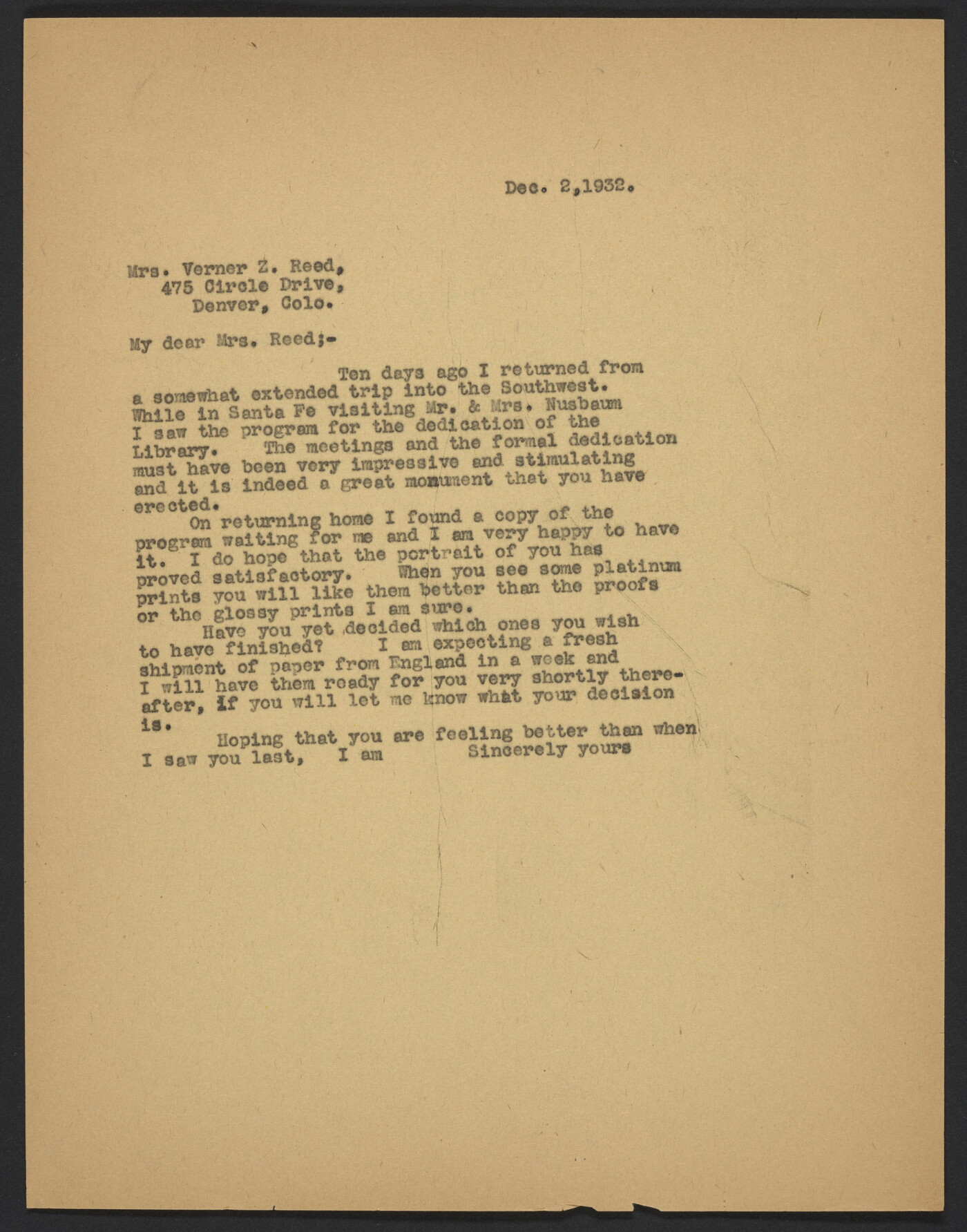 Laura Gilpin, Colorado Springs, Colorado, to Mrs. Verner Z. Reed