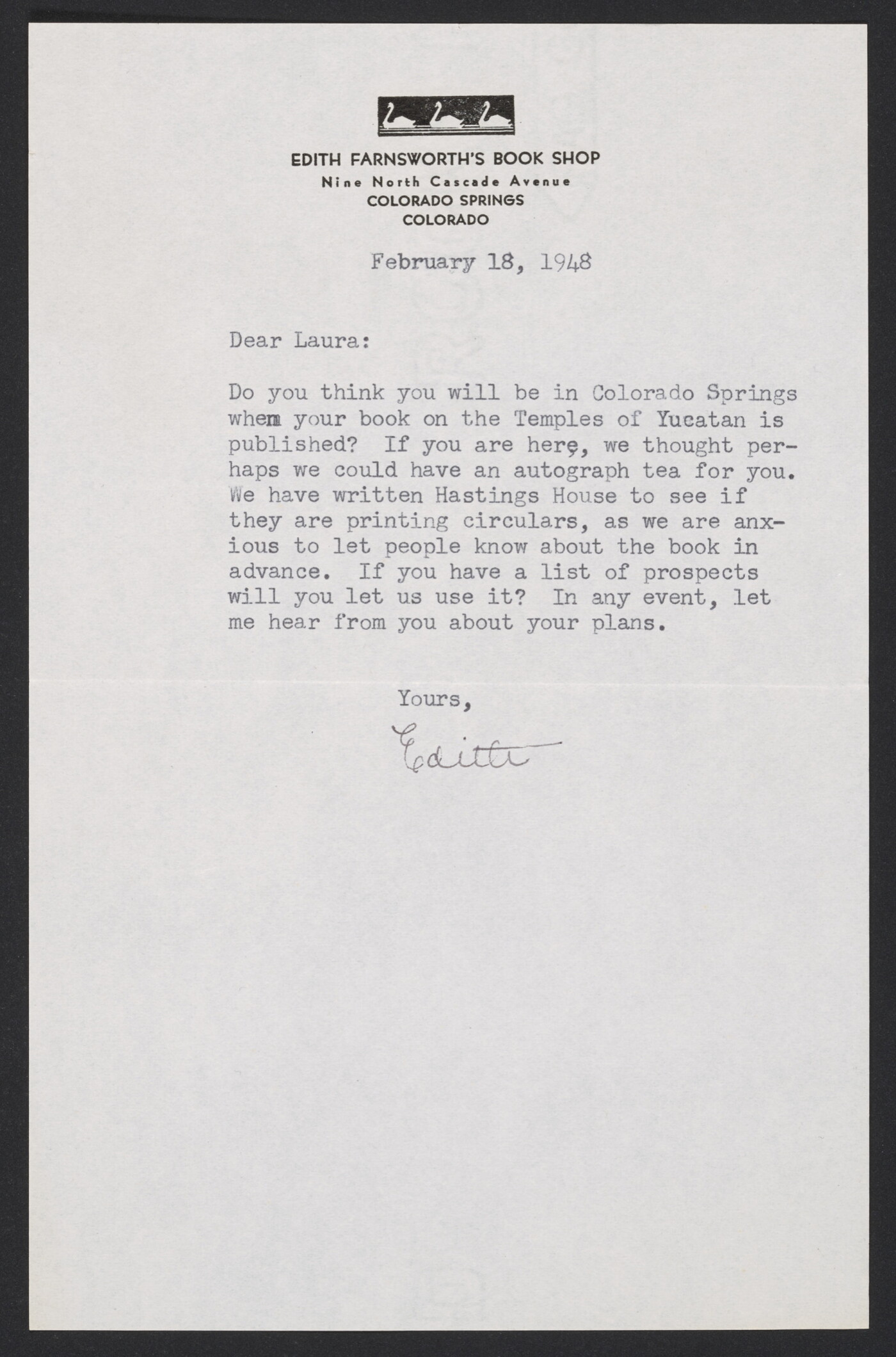 Edith, Edith Farnsworth’s Book Shop, Colorado Springs, Colorado, to