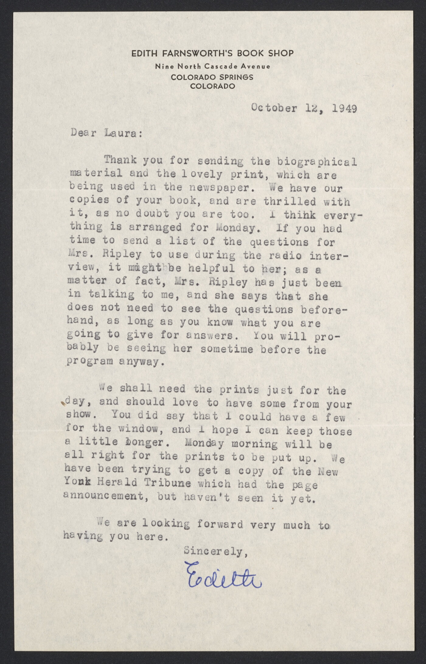 Edith Farnsworth, Edith Farnsworth’s Book Shop, Colorado Springs