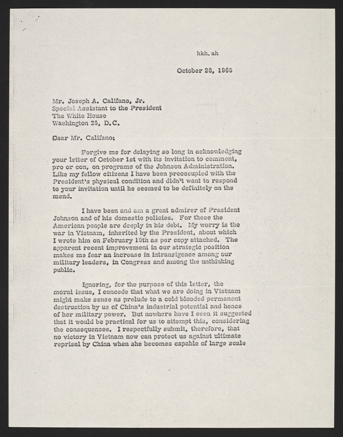 Harold K. Hochschild, to Joseph A. Califano,, Jr., Special Assistant to