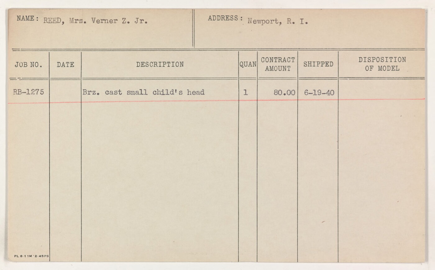 Client Card [Reed, Verner Z., Jr., Newport, RI] Amon Carter Museum of