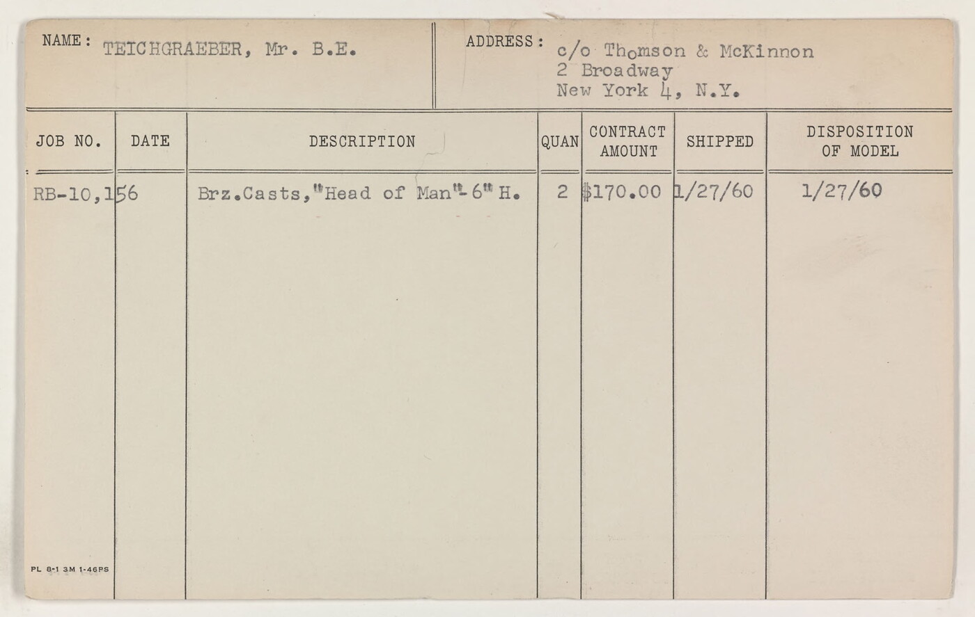 Client Card [Teichgraeber, B. E.; Thomson and McKinnon, New York City