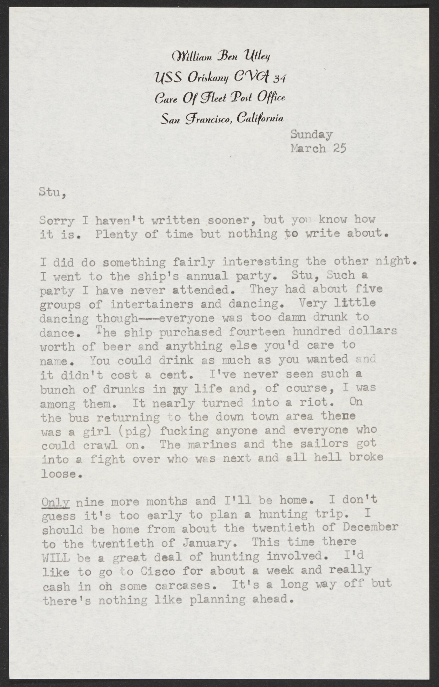 William Ben Utley [Bill], U.S.S. Oriskany CVA34, San Francisco