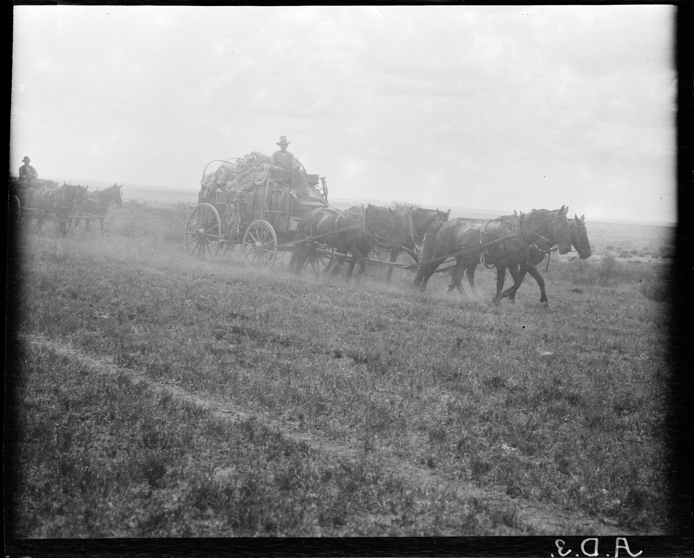 [Chuck wagon and] hoodlum wagon on the move. JA Ranch, Texas. Amon
