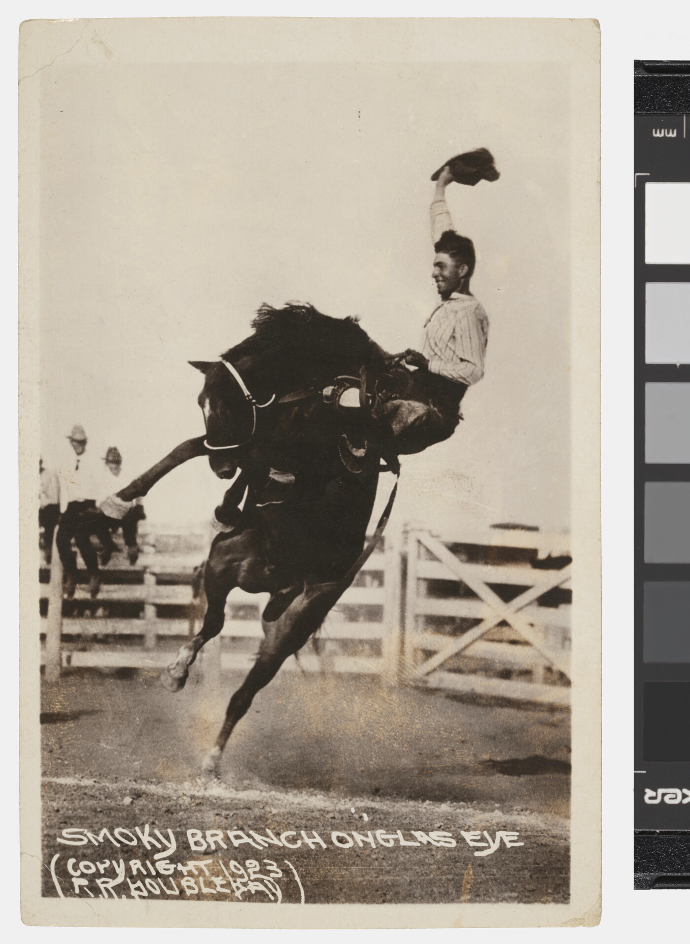 A black-and-white photograph of a cowboy waving his hat as he holds on to a rearing horse at an outdoor rodeo.
