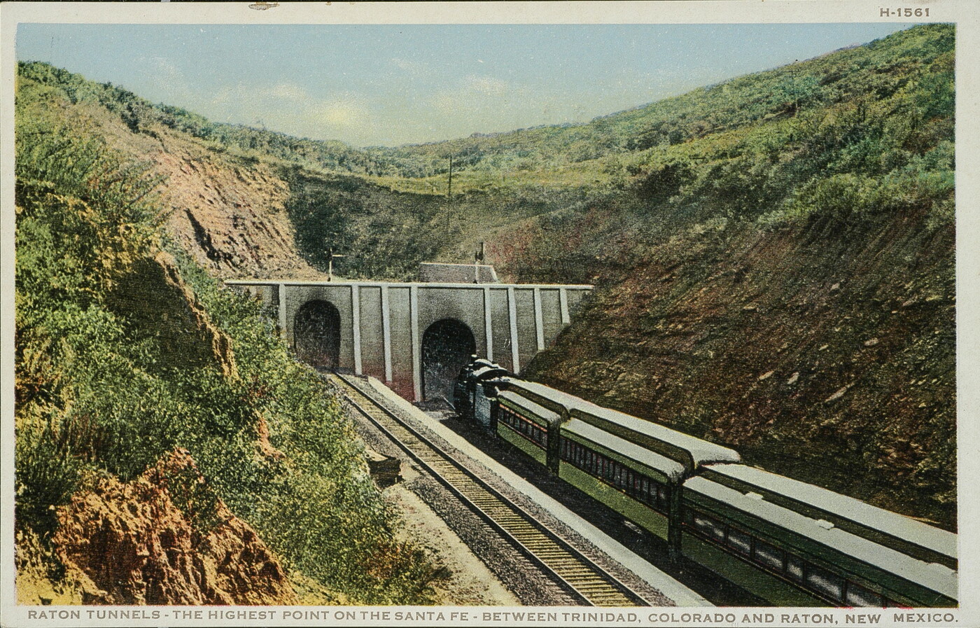 A color postcard of a train entering a tunnel in a green mountainside.