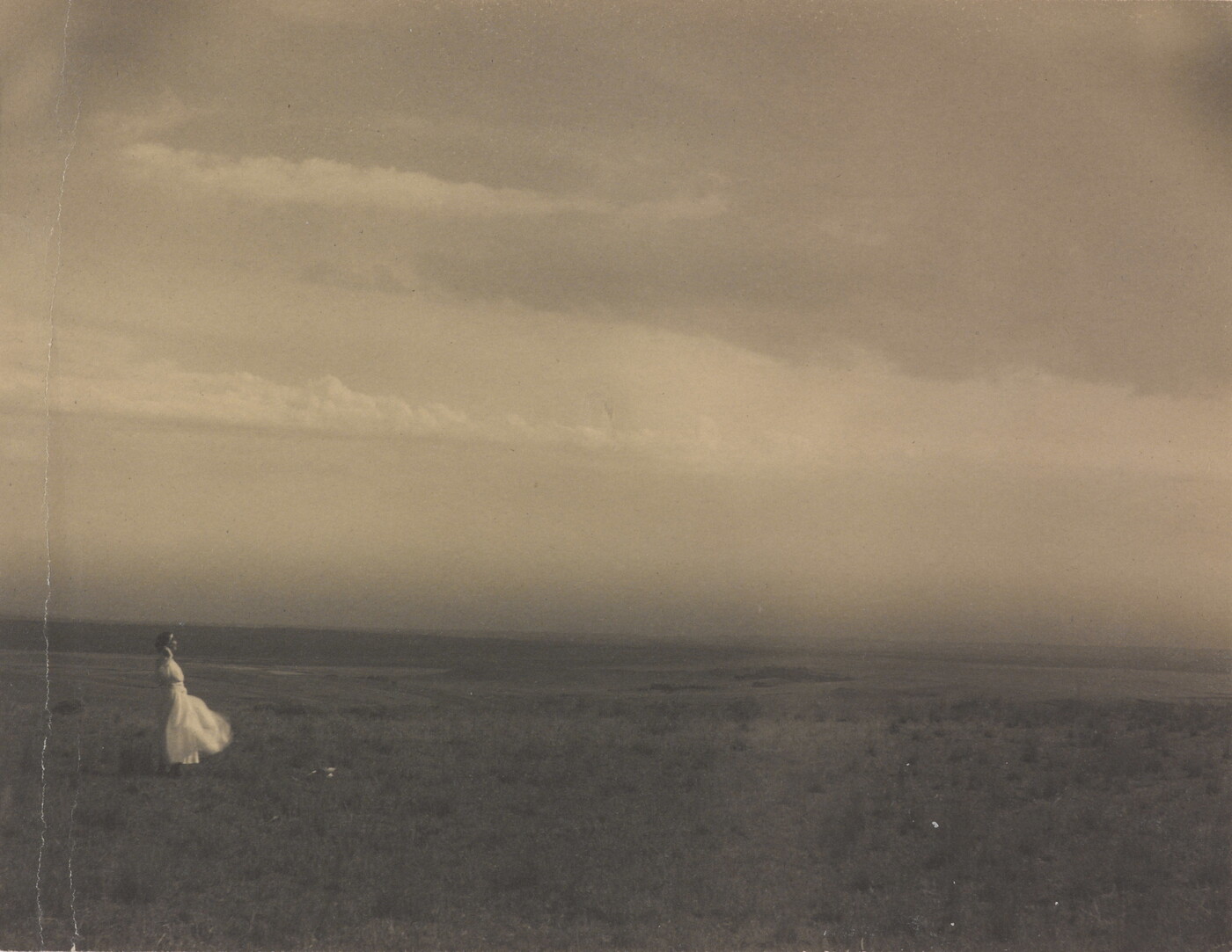A black-and-white photograph of a woman in a white dress standing in a large meadow.