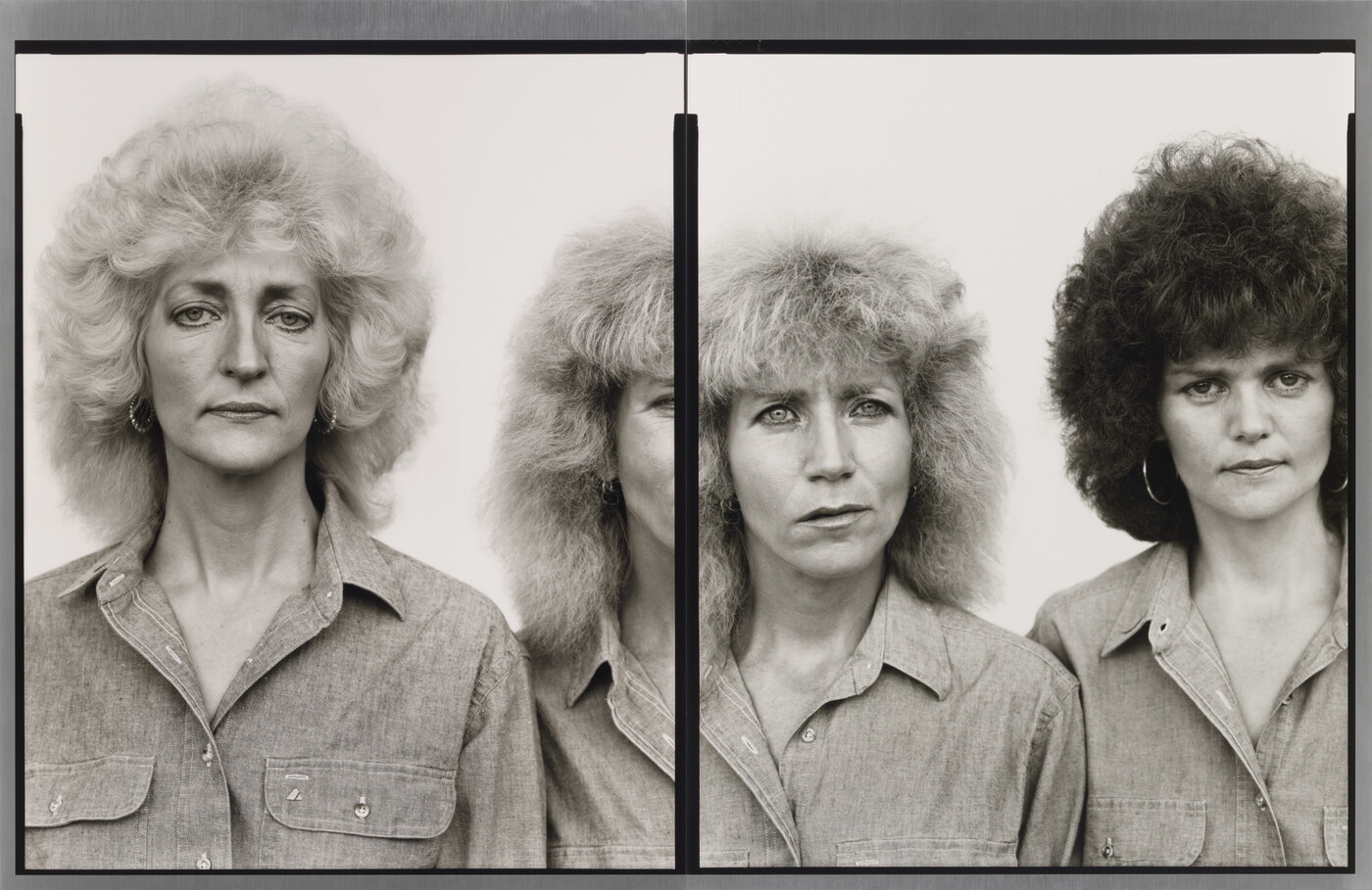 Two side-by-side black-and-white portrait photographs of three White women, two with teased blonde hair and one with teased dark hair, the woman in the center broken by the photograph division.