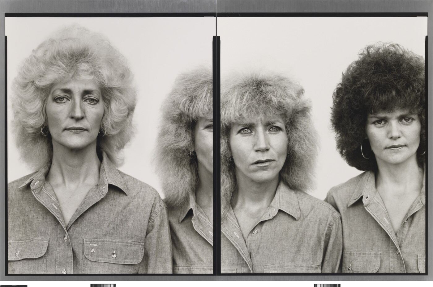Two side-by-side black-and-white portrait photographs of three White women, two with teased blonde hair and one with teased dark hair, the woman in the center broken by the photograph division.