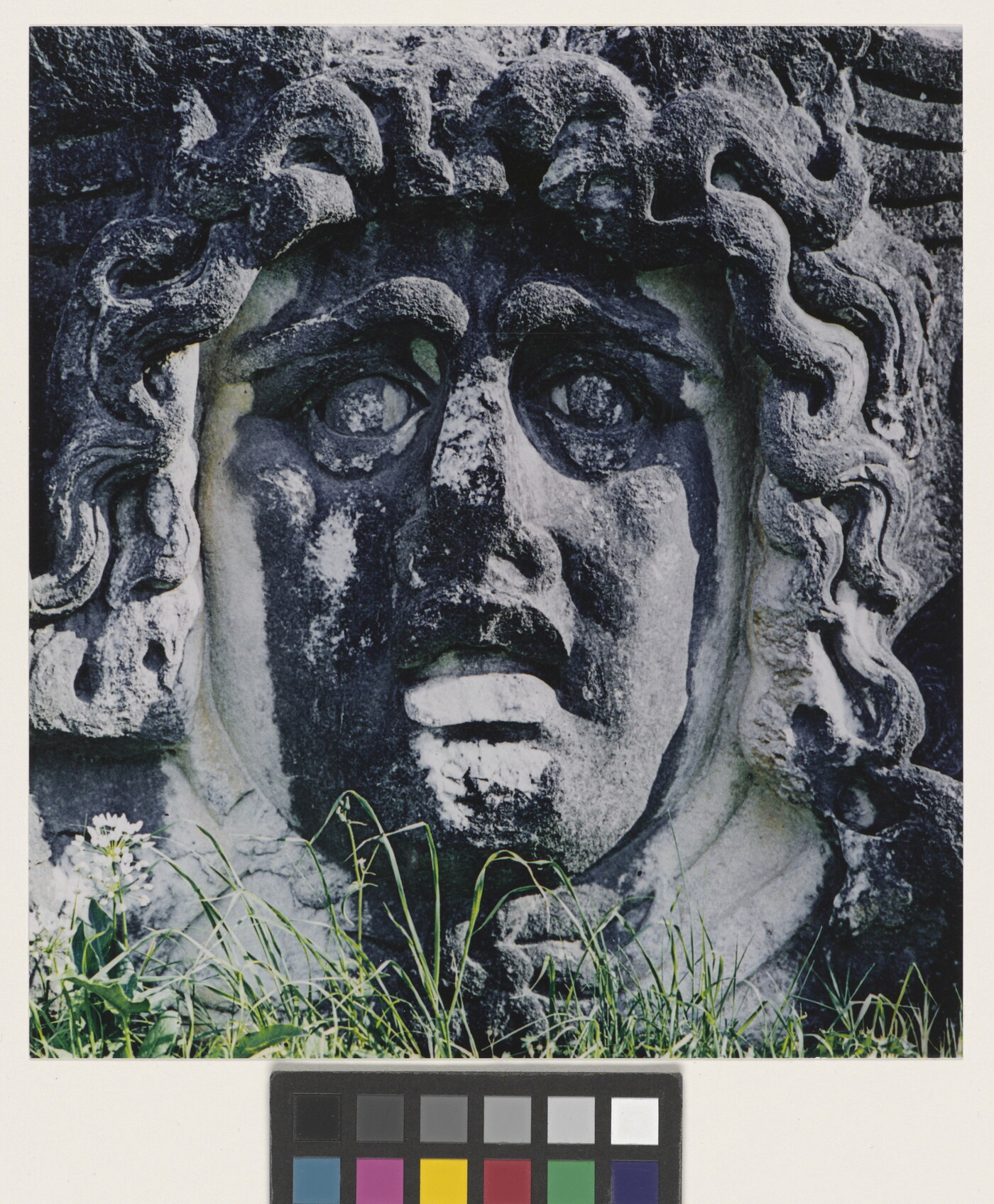 A color photograph of an ancient stone carving of a woman&#039;s face with snakes for hair.