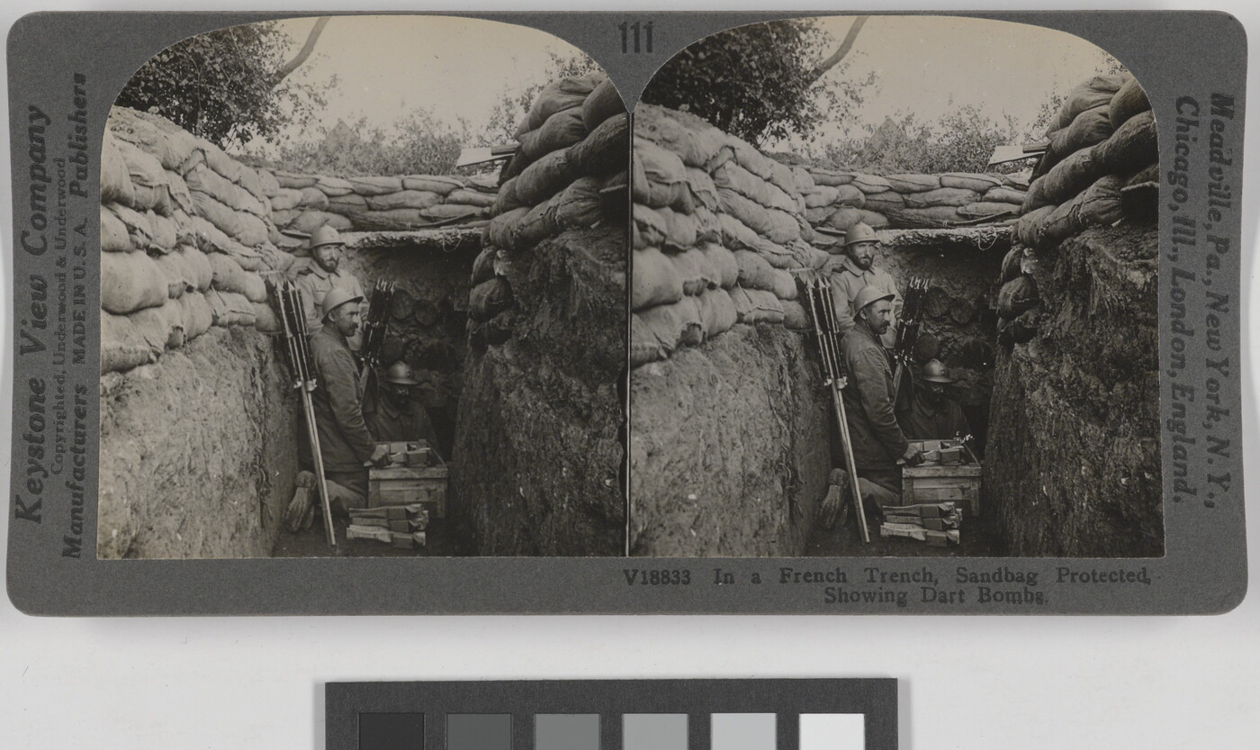 Two almost identical black-and-white photographs side by side of three soldiers in a trench topped by a wall of sandbags.