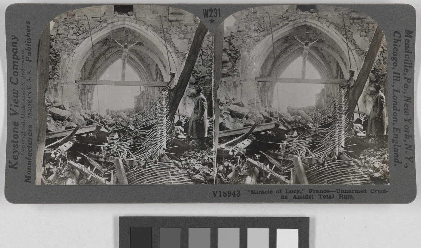 Two almost identical black-and-white photographs side by side of a ruined church, wood, and other debris on the ground beneath a large crucifix wedged into an archway.