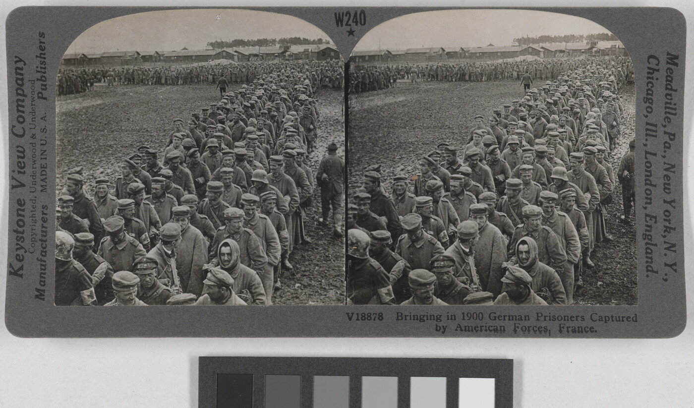Two almost identical black-and-white photographs side by side of a long line of men, about four wide, in military clothing.