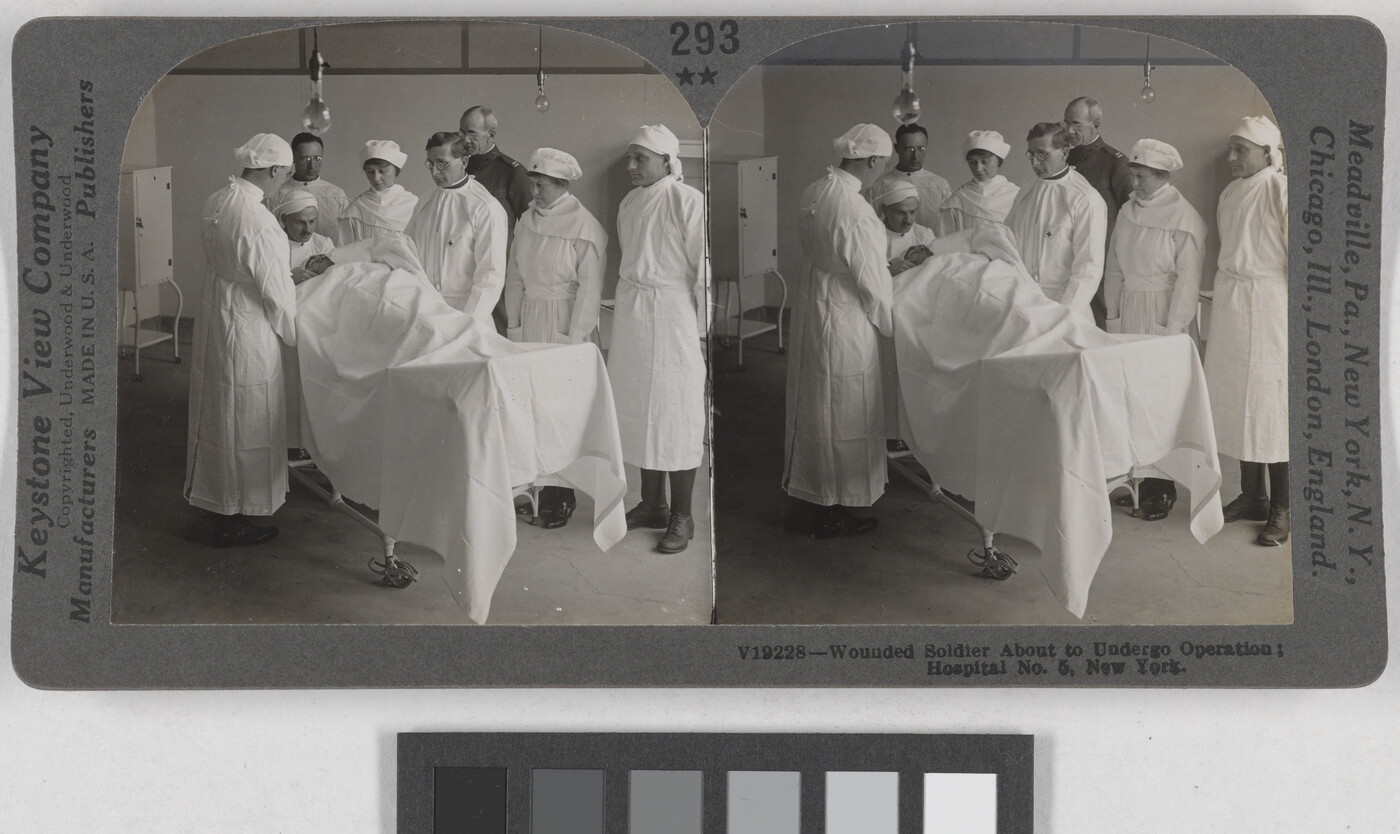Two almost identical black-and-white photographs side by side of men and women in white hospital uniforms surrounding a person lying on a table covered under a white sheet.