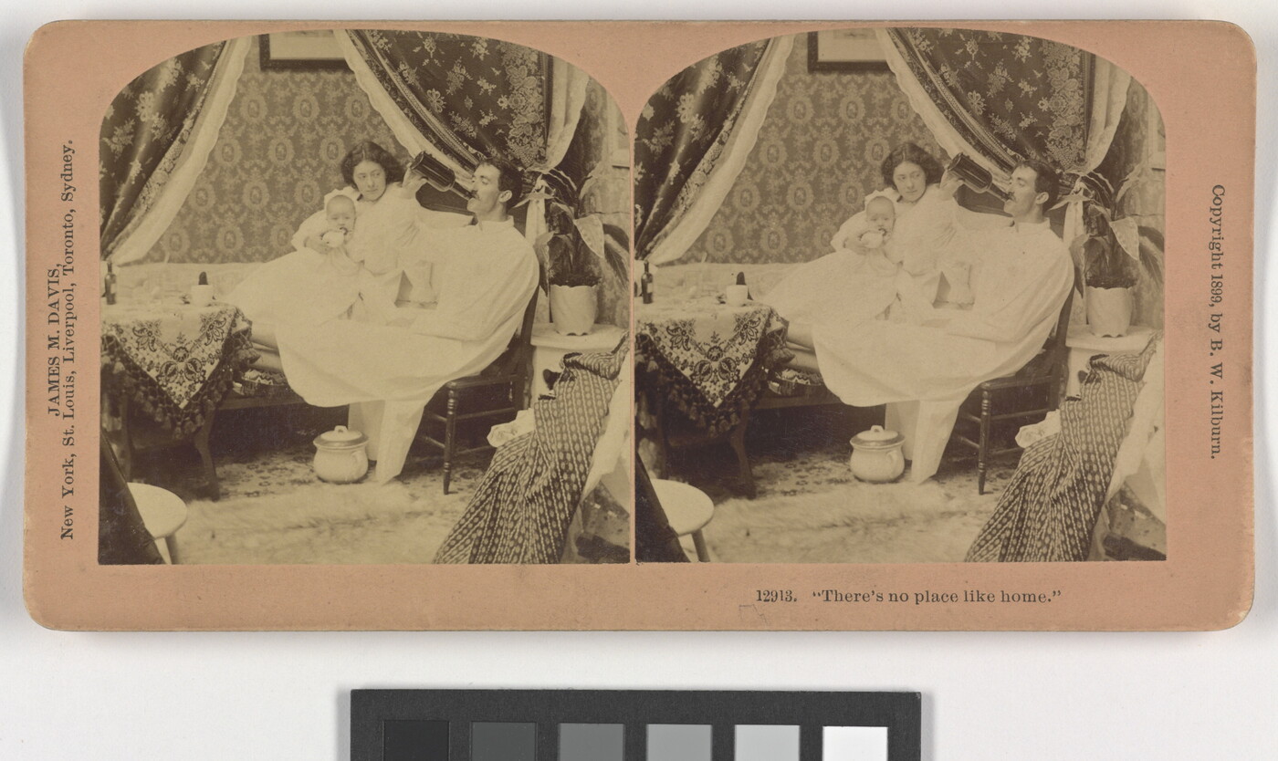 Two almost identical sepia-toned photographs side by side of a seated White man in a night gown drinking from a bottle and a White woman holding a baby and sitting on a bed next to him.