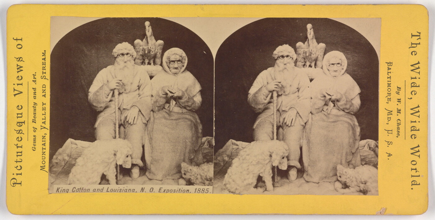 Two almost identical side-by-side sepia-tones photographs of an old man and woman seated with a dog, cat, and eagle all made entirely of white cotton.