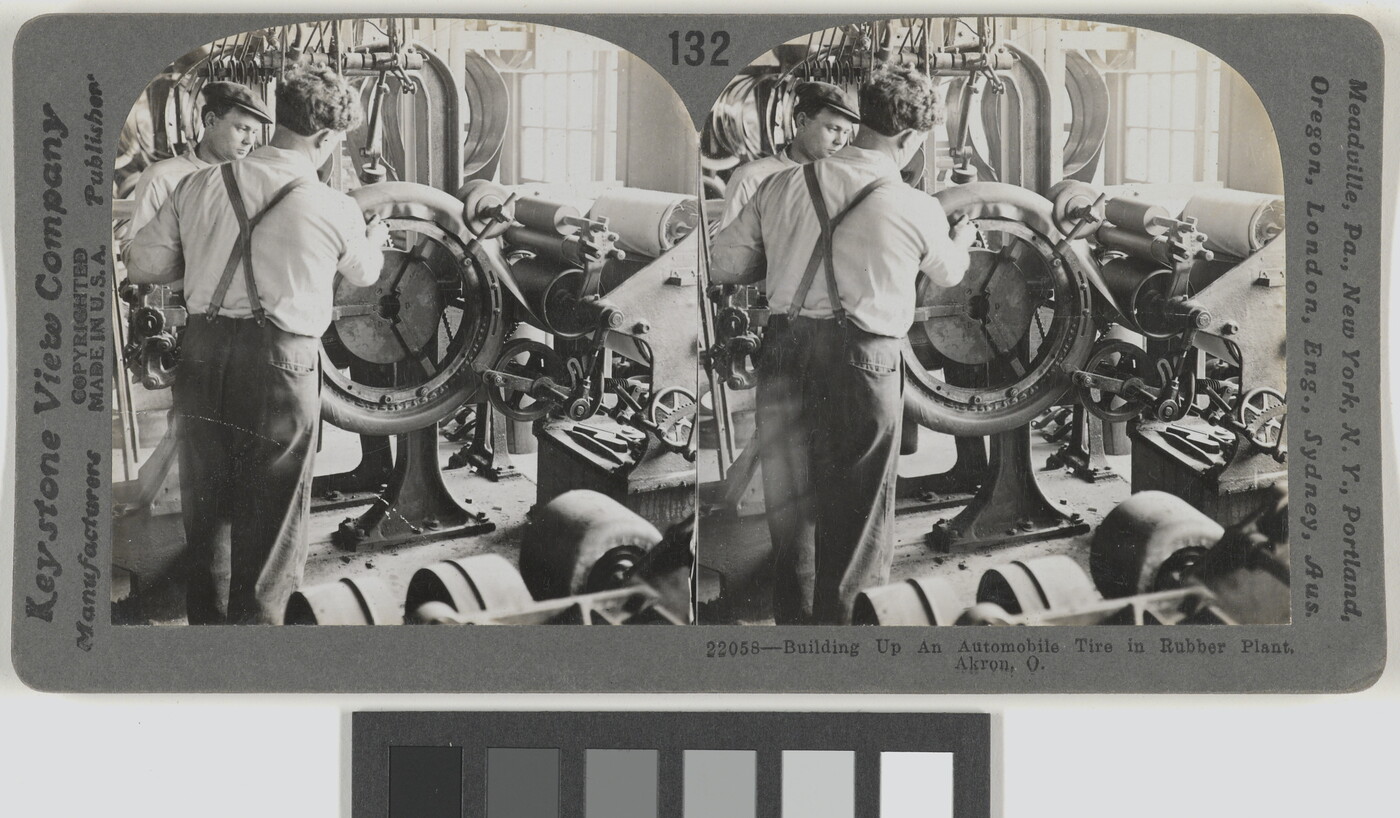 Two almost identical black-and-white photographs side by side of two men in a factory working at a machine.