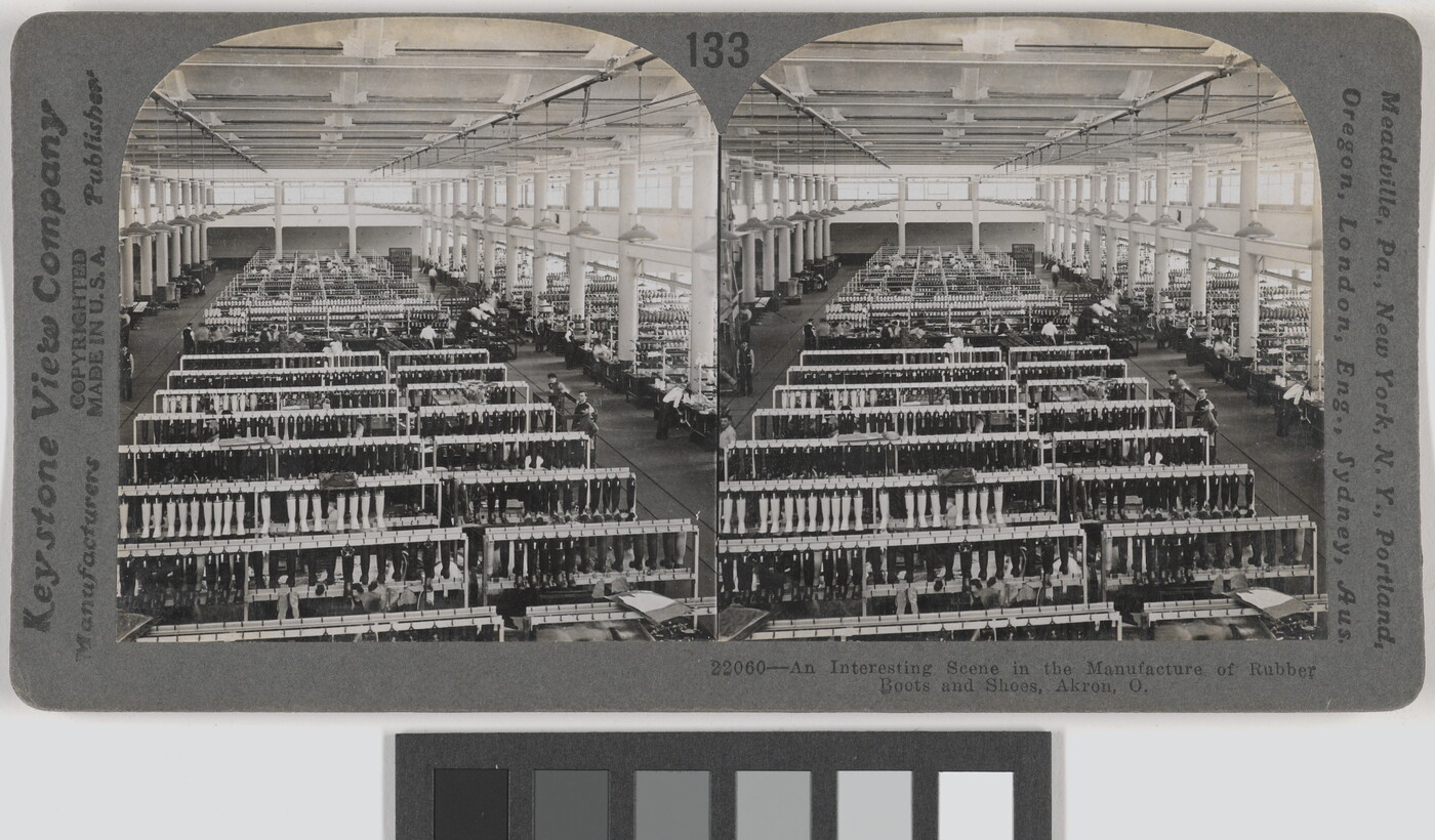 Two almost identical black-and-white photographs side by side of the inside of a large factory with rows of frames holding boots and boot molds.