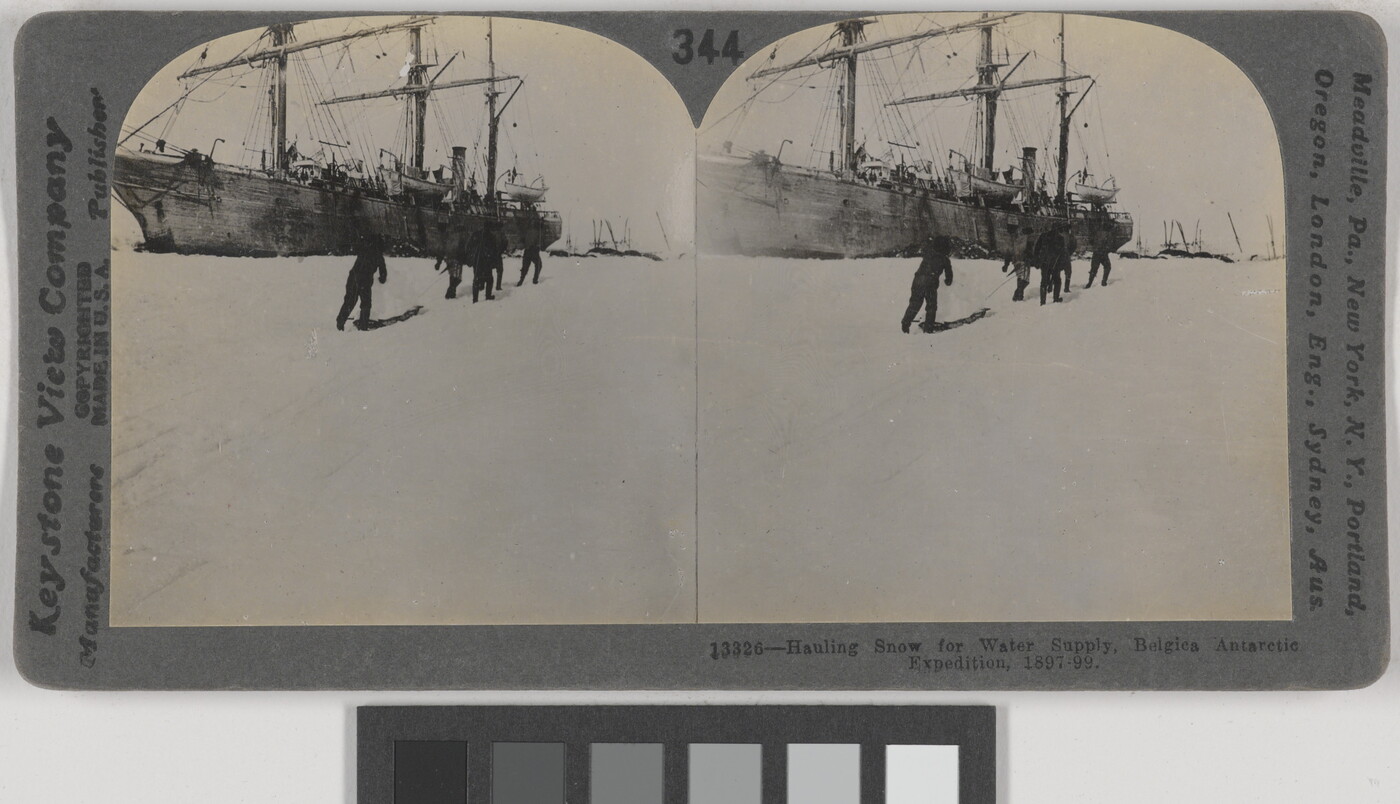 Two almost identical black-and-white photographs side by side of people walking on snow toward a large ship.
