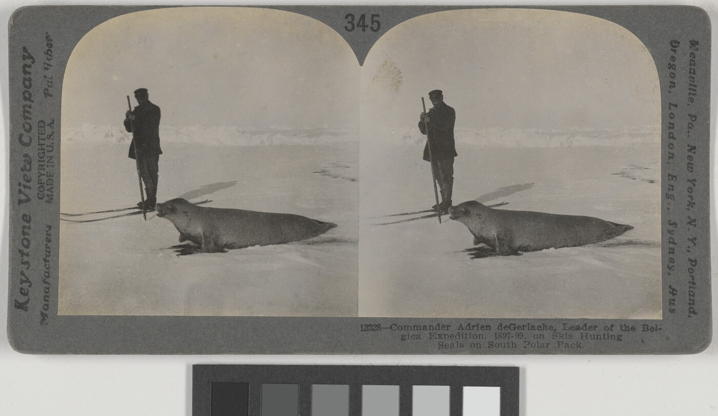 Two almost identical black-and-white photographs side by side of a man standing next to a seal in a snowy landscape.