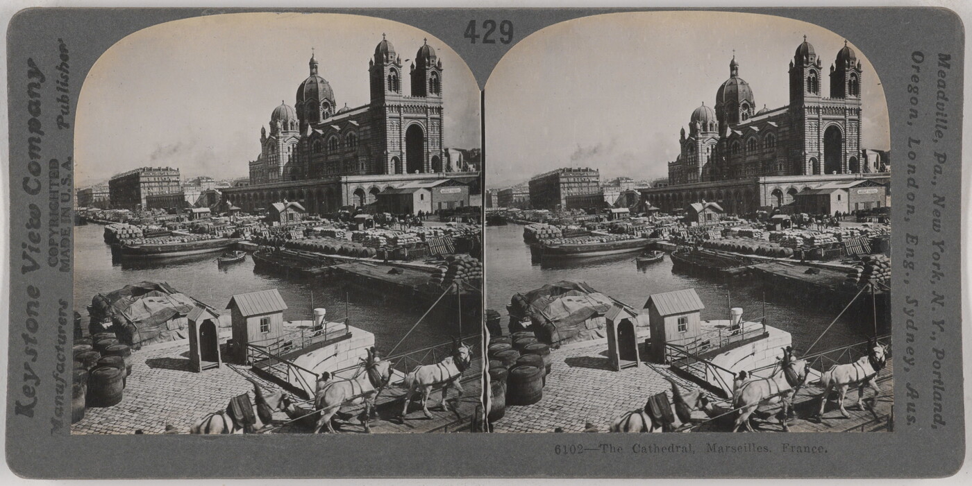 Two almost identical black-and-white photographs side by side of a large cathedral next to a river with boats docked nearby.