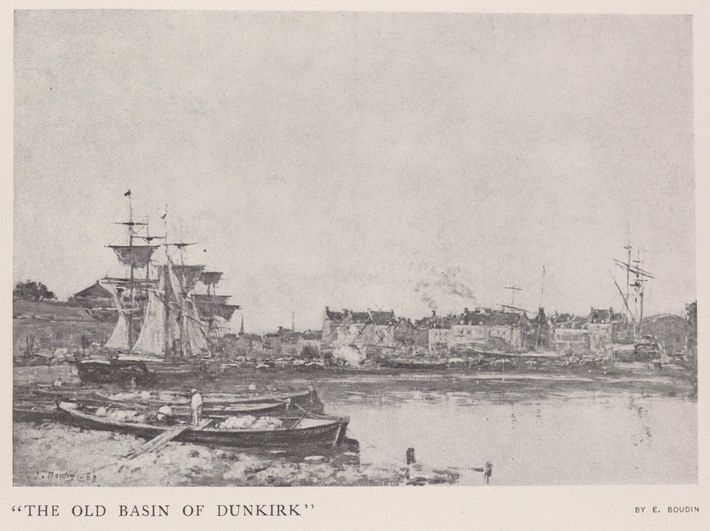 A black-and-white photograph of a print of ships with tall masts in a bay.