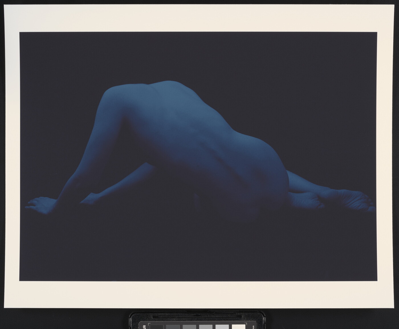 A monochromatic blue photograph of a nude figure, seen from behind, that is half reclined and propped up on their hands.