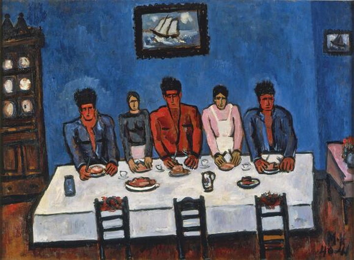 An oil painting of five stylized people seated at a table in a blue dining room about to eat a meal.