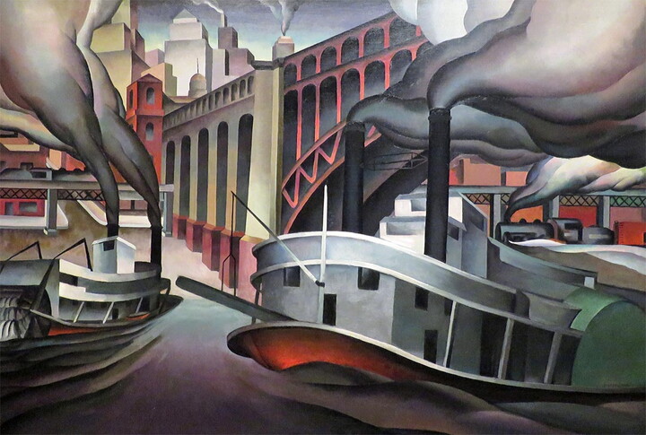 An oil painting of stylized steamboats on a river under an arch bridge, with a city and trains in the background.