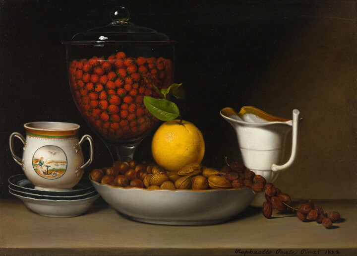 An oil painting still life depicting a glass jar of strawberries, a porcelain bowl of nuts with an orange sitting on top, and porcelain jugs and bowls.