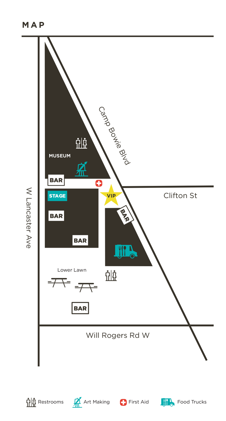 A map showing the locations of the Carter, an outdoor stage, food trucks, and bars.