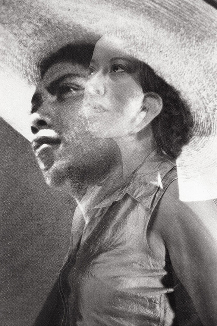A black-and-white double exposed photograph of two woman in profile, one face on top of the other, wearing a wide-brimmed hat.