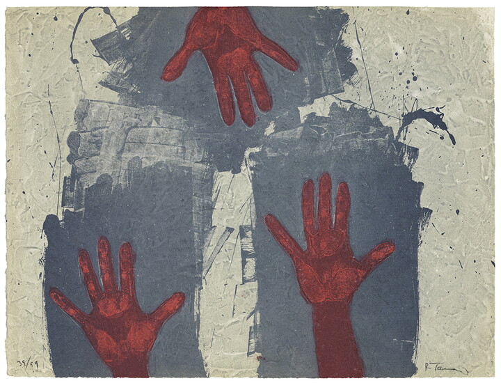 A color print of three red hands, two at the bottom and one at the top, on splotchy blue backgrounds.