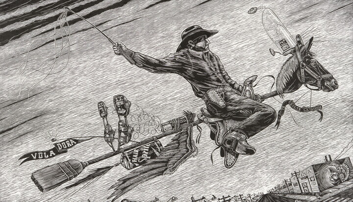 A black-and-white print of a cowboy riding a broomstick with a horse's head flying above a street lined with buildings and powerlines.